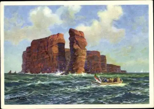 Künstler Ak Nordseeinsel Helgoland, Insel von Norden mit der Langen Anna, Boot