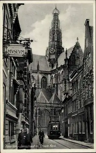 Ak Haarlem Nordholland Niederlande, Jansstraat m. Groote Kerk, Straßenbahn, Museum