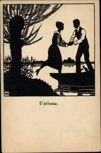 Scherenschnitt Künstler Ak Frau steigt in ein Boot ein