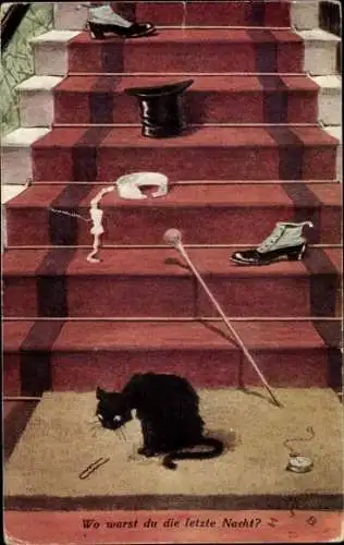 Ak Gehstock, Schuhe und Zylinder auf den Treppen, Schwarze Katze