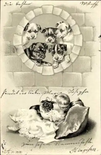 Präge Litho Mädchen mit Hundewelpen