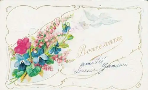 Präge Stoff Litho Glückwunsch Neujahr, Taube, Blumenstrauß, Kitsch