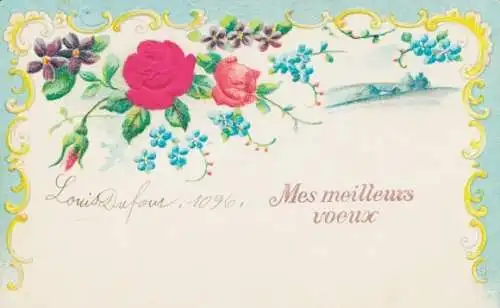 Präge Stoff Litho Kitsch, Blumen, Vergissmeinnicht, Rosen