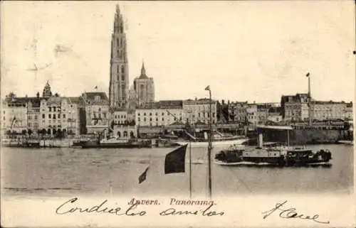 Ak Antwerpen Anvers Flandern, Panorama der Stadt, Blick übers Wasser, Dampfer