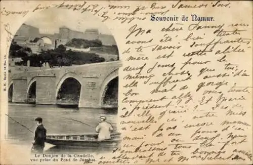 Ak Namur Wallonien, Der Bergfried der Zitadelle vom Pont de Jambes aus gesehen