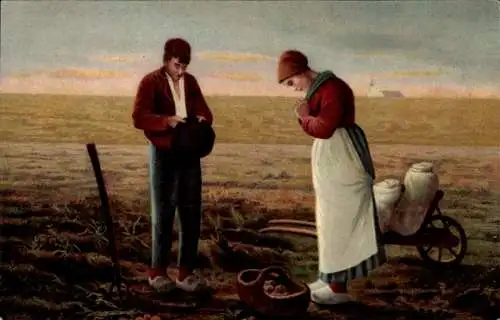 Litho Bauern beim Gebet auf dem Feld