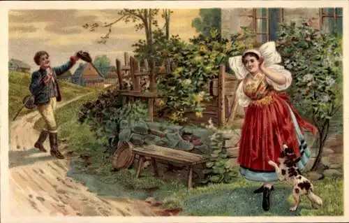 Litho Böhmische Volkslieder No. 2, Frau in Tracht, Mann