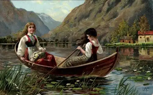 Litho Zwei Frauen in einem Ruderboot, Gebirge