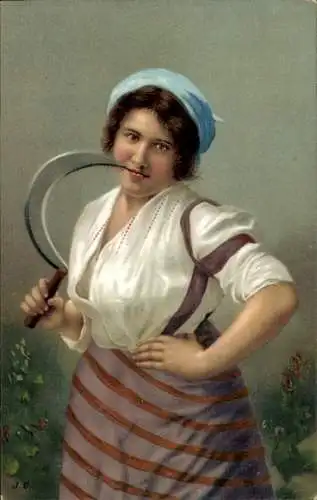 Litho Portrait einer Bäuerin mit Sichel
