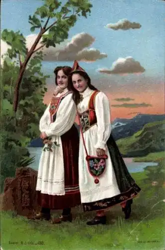 Litho Zwei Frauen in norwegischen Trachten