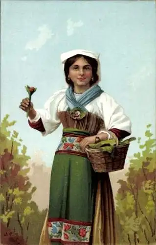 Künstler Litho Frau in italienischer ? Tracht