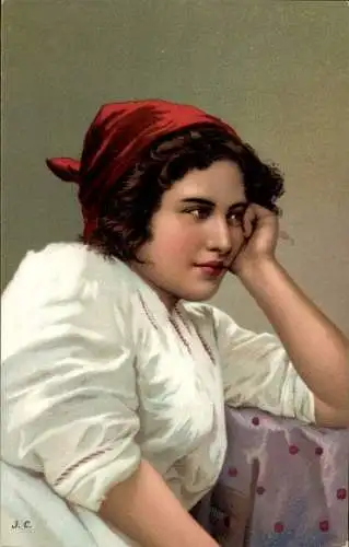 Künstler Ak Frau in Tracht, Rotes Kopftuch, Braune Haare, Weißes Kleid