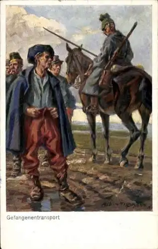 Künstler Ak Tischmann, Albin, Gefangenentransport, Soldat in Uniform, I. WK