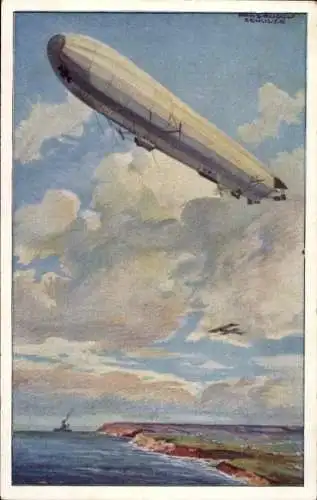 Künstler Ak Schulze, Hans Rudolf, Reichsmarineluftschiff, Wacht an deutscher Ostseeküste