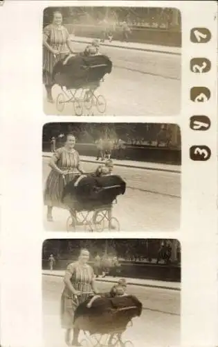 Foto Ak Frau mit zwei Kindern im Kinderwagen