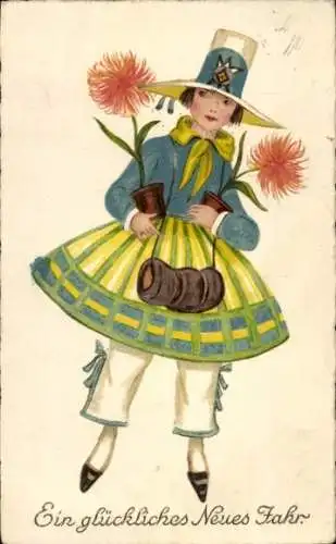 Ak Glückwunsch Neujahr, Kind mit Blumen in den Blumentöpfen