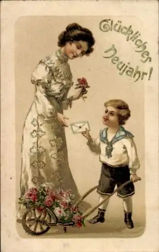 Präge Litho Glückwunsch Neujahr, Frau, Junge mit Handkarren