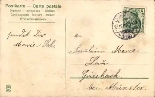 Präge Litho Glückwunsch Neujahr, Frau, Junge mit Handkarren