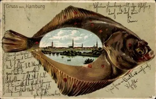 Passepartout Litho Hamburg, Lombardsbrücke, Scholle