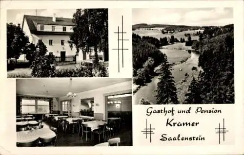 Ak Saalenstein Köditz in Oberfranken, Gasthof und Pension Kramer, Innenansicht, Flusslauf