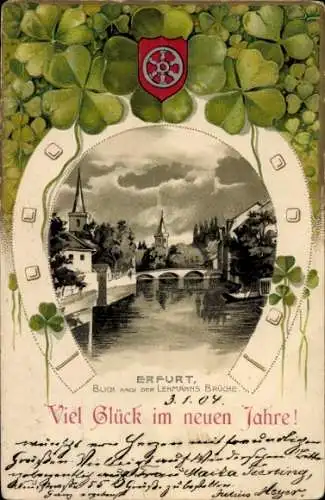 Präge Passepartout Ak Erfurt in Thüringen, Lehmanns Brücke, Hufeisen, Kleeblätter, Wappen