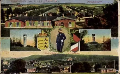 Ak Münsingen in Württemberg, Truppenübungsplatz, Wappen, König Wilhelm II., Barackenlager