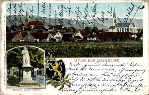 Ak Edenkoben an der Weinstraße, Panorama vom Ort, Denkmal König Ludwig, Wappen