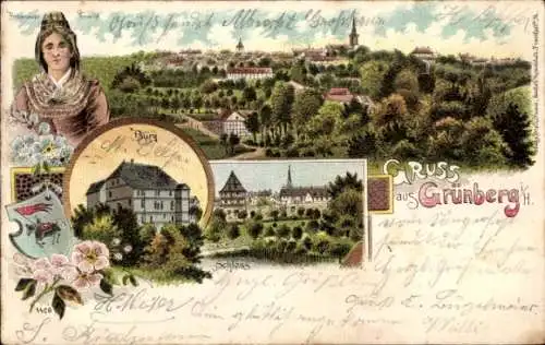 Litho Grünberg in Hessen, Gesamtansicht, Burg, Schloss, Frau in Tracht