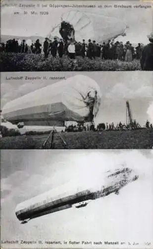 Ak Jebenhausen Göppingen in Württemberg, Luftschiff Zeppelin II am 31. Mai 1909, Fahrt nach Manzell