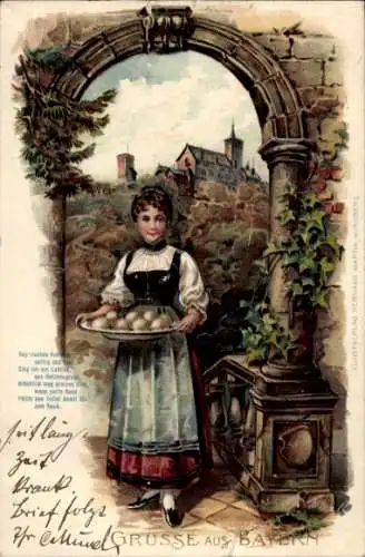 Präge Litho Grüße aus Bayern, Frau in Tracht, Klöße