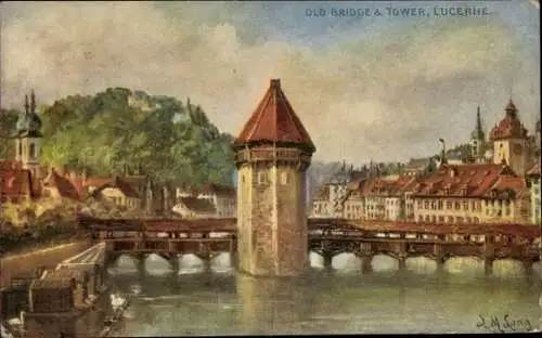 Künstler Ak Luzern Stadt Schweiz, Old Bridge and Tower