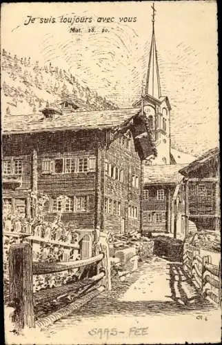 Künstler Ak Saas Saas Fee Kt. Wallis Schweiz, Kirche, Wohnhäuser