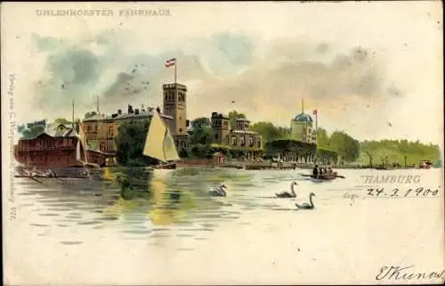 Litho Hamburg Nord Uhlenhorst, Fährhaus, Ruderer