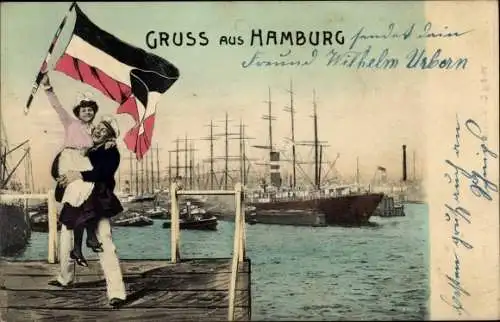 Ak Hamburg Mitte Altstadt, Hafenpartie, Matrose mit Frau auf dem Arm