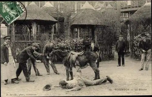 Ak Robinson Hauts de Seine, Homme tombant d´un âne, La Bûche