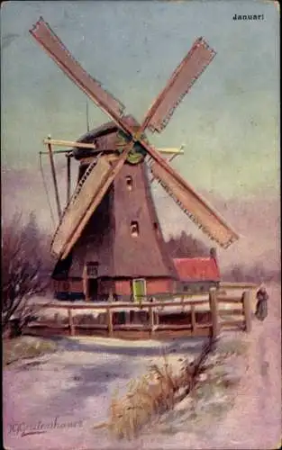 Künstler Ak Gerstenhauer, Windmühle, Allegorie, Januar