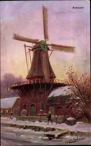 Künstler Ak Gerstenhauer, Windmühle, Allegorie, Februar