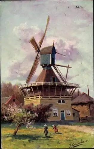 Künstler Ak Gerstenhauer, Windmühle, Allegorie, April