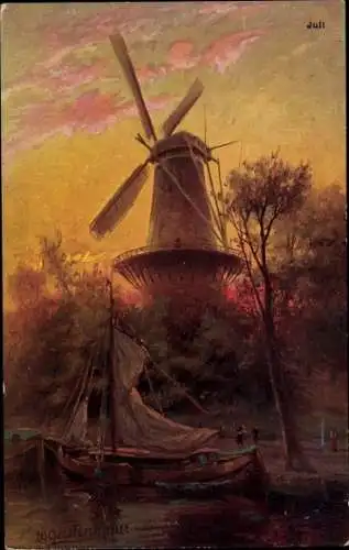 Künstler Ak Gerstenhauer, Windmühle, Segelboot, Allegorie, Juli