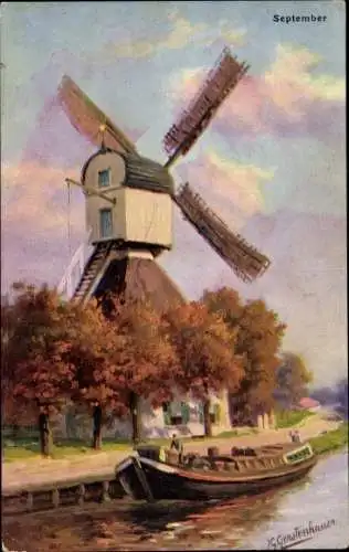 Künstler Ak Gerstenhauer, Johann Georg, Alte Windmühle am Wasser, Allegorie, September