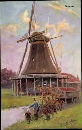 Künstler Ak Gerstenhauer, J. G., Windmühle, Mann und Mädchen am Fluss, Allegorie Oktober