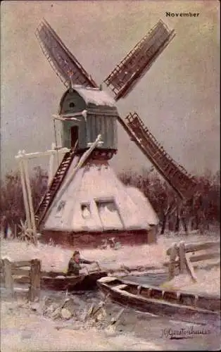 Künstler Ak Gerstenhauer, J. G., Windmühle, Mann am Zaun, Allegorie, November