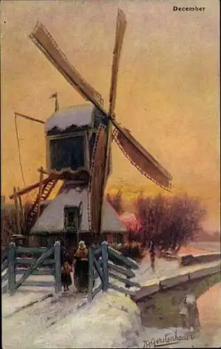 Künstler Ak Gerstenhauer, Johann Georg, Niederlande, Windmühle, Frau mit Kind, Allegorie, Dezember