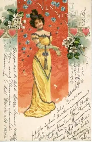 Glitzer Litho Frau in gelbem Kleid, Portrait, Blumen, Herzen