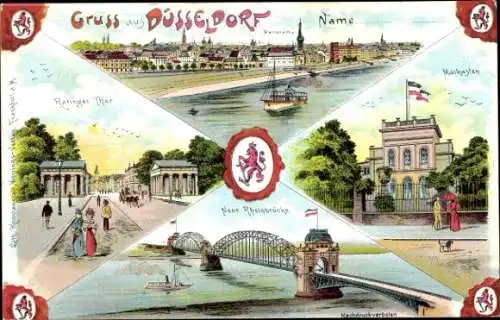 Wappen Litho Düsseldorf am Rhein, Neue Rheinbrücke, Malkasten, Ratinger Tor