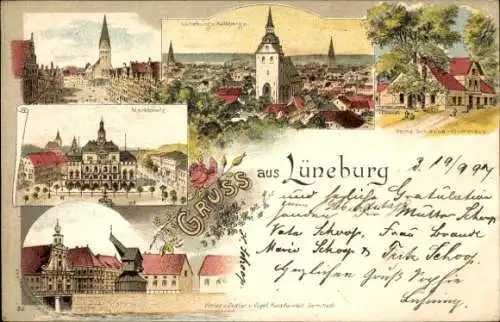 Litho Lüneburg in Niedersachsen, Marktplatz, Kirche, Panorama