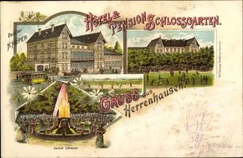 Litho Herrenhausen Hannover, Hotel Pension Schlossgarten, H. Hüpner, beleuchtete Fontäne, Straße