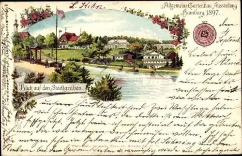 Litho Hamburg Mitte Altstadt, Allgemeine Gartenbau Ausstellung 1897, Stadtgraben