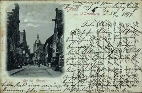 Mondschein Ak Lüneburg in Niedersachsen, Altstadt, Straße