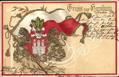 Präge Wappen Litho Hamburg, Fahne, Schloss, Löwen